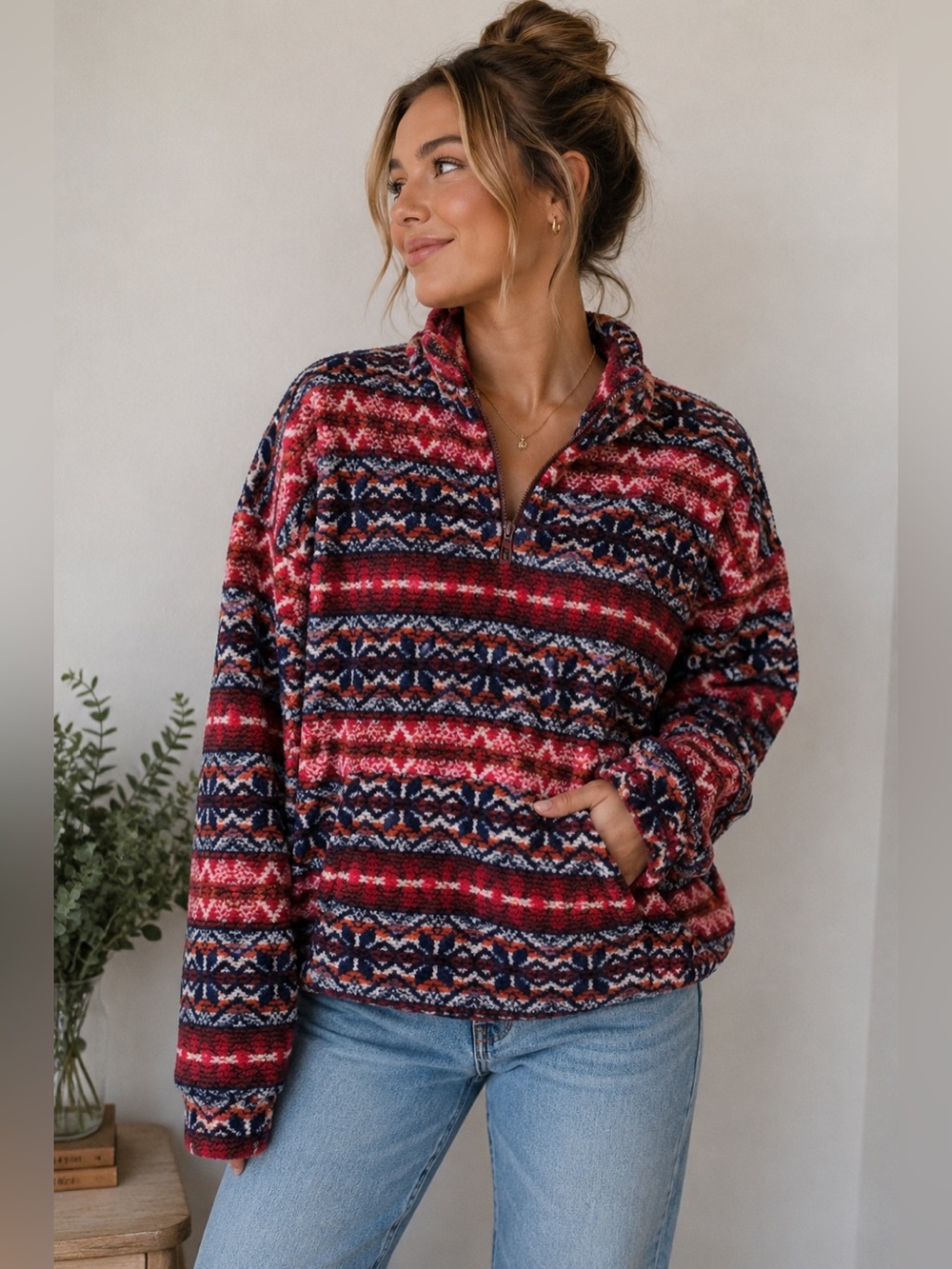 American Eagle Fair Isle Sherpa Fleece Pullover Medium Quarter Zip Cozy Sweater
